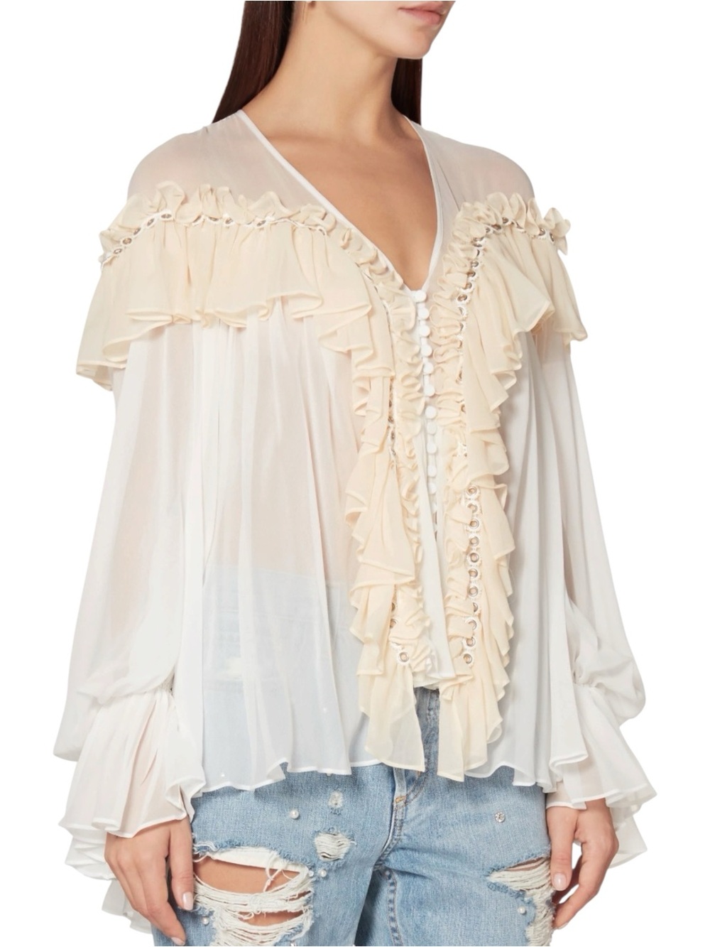 Jonathan Simkhai Ivory Silk Sheer Top - Ruffles, Grommets, Puff Sleeves - Size 6